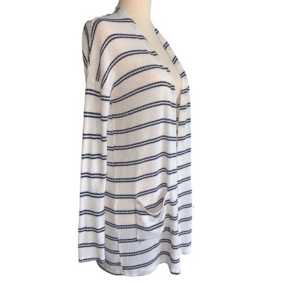 CARDIGAN SWEATER BY STACCATO | WHITE WITH COUPLED BLACK STRIPES | SMALL - Picture 3 of 6